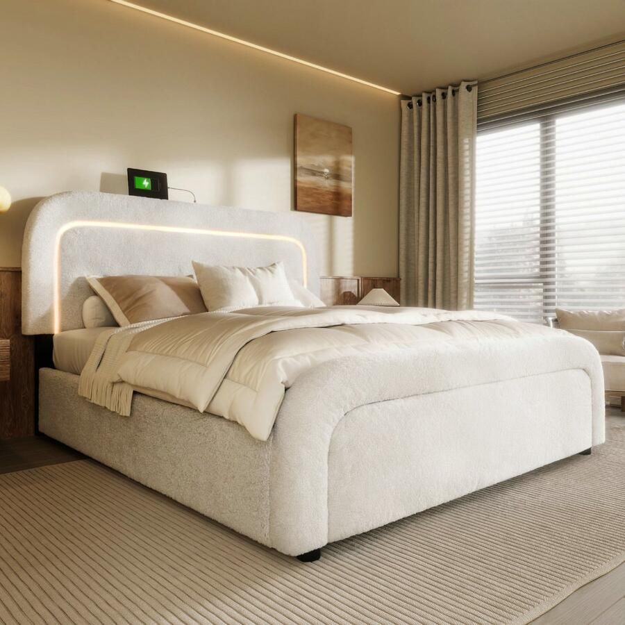 Merkloos Opbergbed 160x200 cm met 4 lades en USB Type C-oplader volwassen bed met lattenbodem in hoogte verstelbaar hoofdbord Sherpa-lakenstof wit (matras niet inbegrepen)