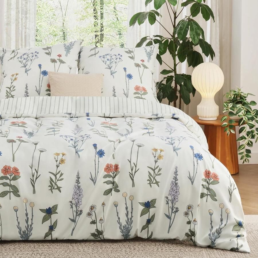 Merkloos Beddengoed 200 x 200 cm 3-delig dekbedovertrek beddengoedsets 200 x 200 cm met 2 kussenslopen 80 x 80 cm Öko-Tex wit beddengoedset patroon bont bloemen gestreept voor tweepersoonsbed met