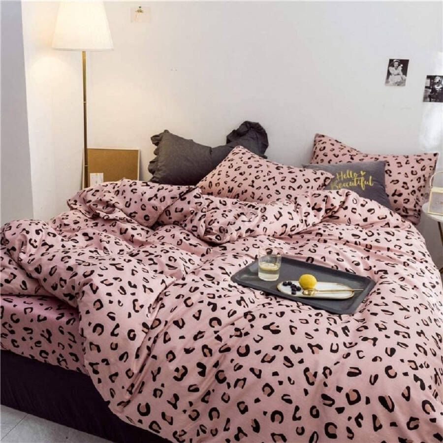 Merkloos Beddengoed 200 x 200 cm luipaardprint dekbedovertrek roze katoen 3-delig luipaardpatroon dekbedovertrek beddengoedset tweepersoonsbed tieners (BWF-200 x 200 cm)