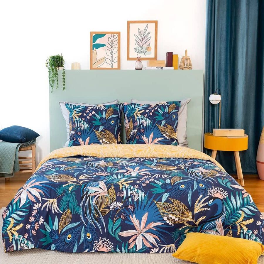 Beddengoedset voor tweepersoonsbed dekbedovertrek 220 x 240 cm 2 kussenslopen 63 x 63 cm motief tropische bladeren van polykatoen blauw (240 x 220 cm)
