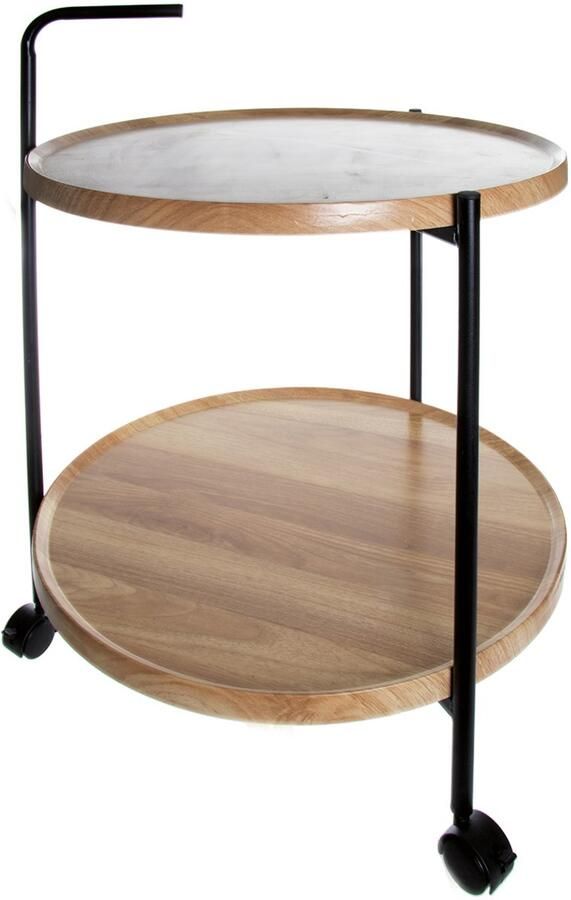 'merkloos' Bijzettafel hout-metaal-wieltjes 2 etages H70cm Ø50cm stijlvol en praktisch