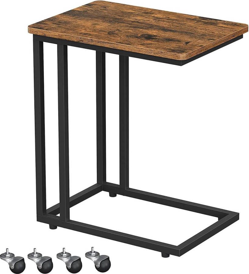 Merkloos Bijzettafel nachtkastje banktafel op wielen 50 x 35 x 60 cm salontafel eenvoudig te monteren stabiel met metalen frame industrieel ontwerp vintage bruin-zwart