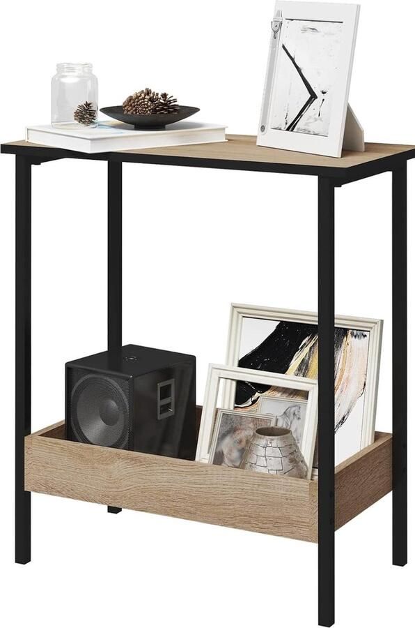 Merkloos Bijzettafel salontafel met 2 planken consoletafel met opbergruimte in de woonkamer woonkamertafel van metaal en houtmateriaal kleine salontafel zwart licht eiken 50 x 55 x 25