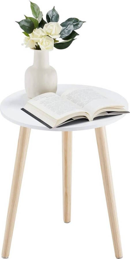 Merkloos Bijzettafel salontafel rond diameter 42 cm hoogte 51 cm banktafel met poten van massief hout Scandinavische stijl dessert bijzettafel hout voor woonkamer slaapkamer natuur wit
