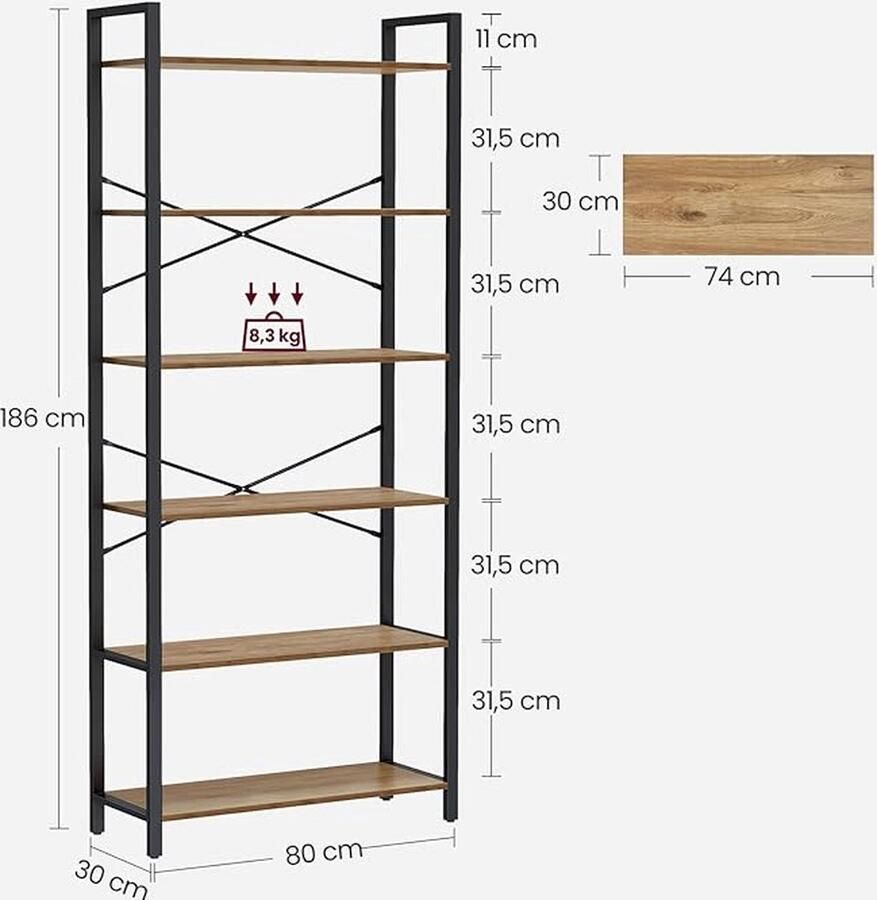 Merkloos Boekenkast 6 niveaus vrijstaand stalen frame stellingkast voor woonkamer slaapkamer studeerkamer 30x80x186cm industrieel ontwerp donker walnoot-zwart
