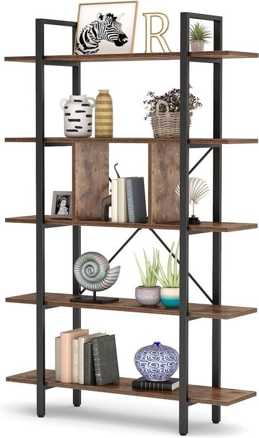 Bloominggoods Boekenkast Opbergkast Wandkast 5 Laags Industrieël 105X33X180Cm Woonkamer Winkel Kantoor Bruin Zwart