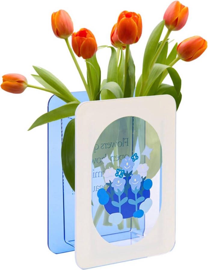 Merkloos Boekvaas acryl boekvaas voor bloemen decoratieve vaas rechthoekig boekvaas bloemenvaas moderne bloemenvaas blauwe kleine vaas voor bloemstukken en slaapkamer tafel woonkamer kantoor decoratie