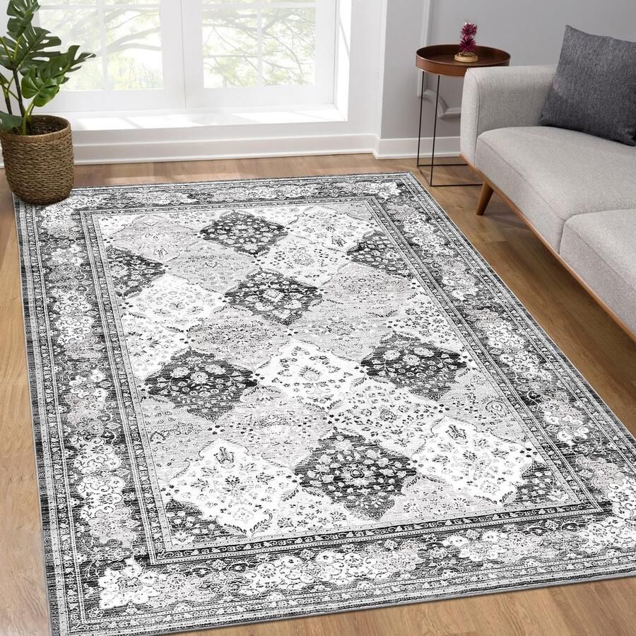 Merkloos Boho tapijten wasbare tapijten voor woonkamer antislip dunne sprei tapijt voor eetkamertafel tapijt met bloemenprint in used look voor slaapkamer keuken kantoor grijs 120 x 170 cm