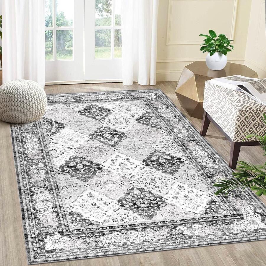 Merkloos Boho vlekbestendig vloerkleed voor binnen en buiten groot wasbaar tapijt met antislip achterkant laagpolig zacht Marokkaans tapijt voor eetkamer kinderkamer thuiskantoor grijs