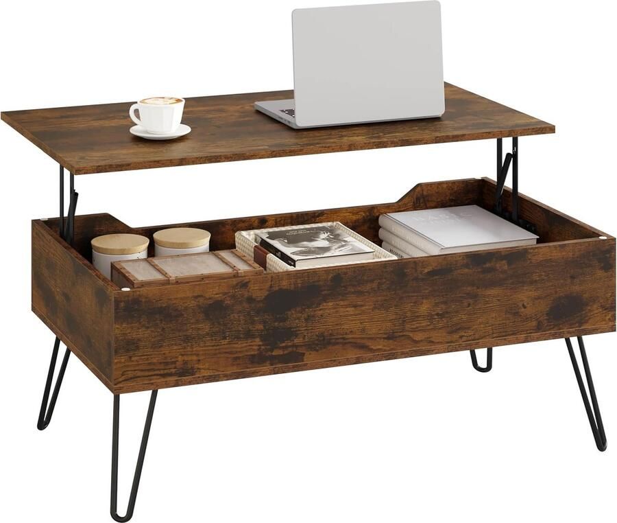 'merkloos'' BTS18vbn Salontafel Woonkamertafel Hoogteverstelbare Uitschuifbare Salontafel met Verborgen Opbergruimte voor Woonkamer Kantoor Metalen Poten 95 x (40-55 5) x 50 cm Rustiek Bruin Zwart