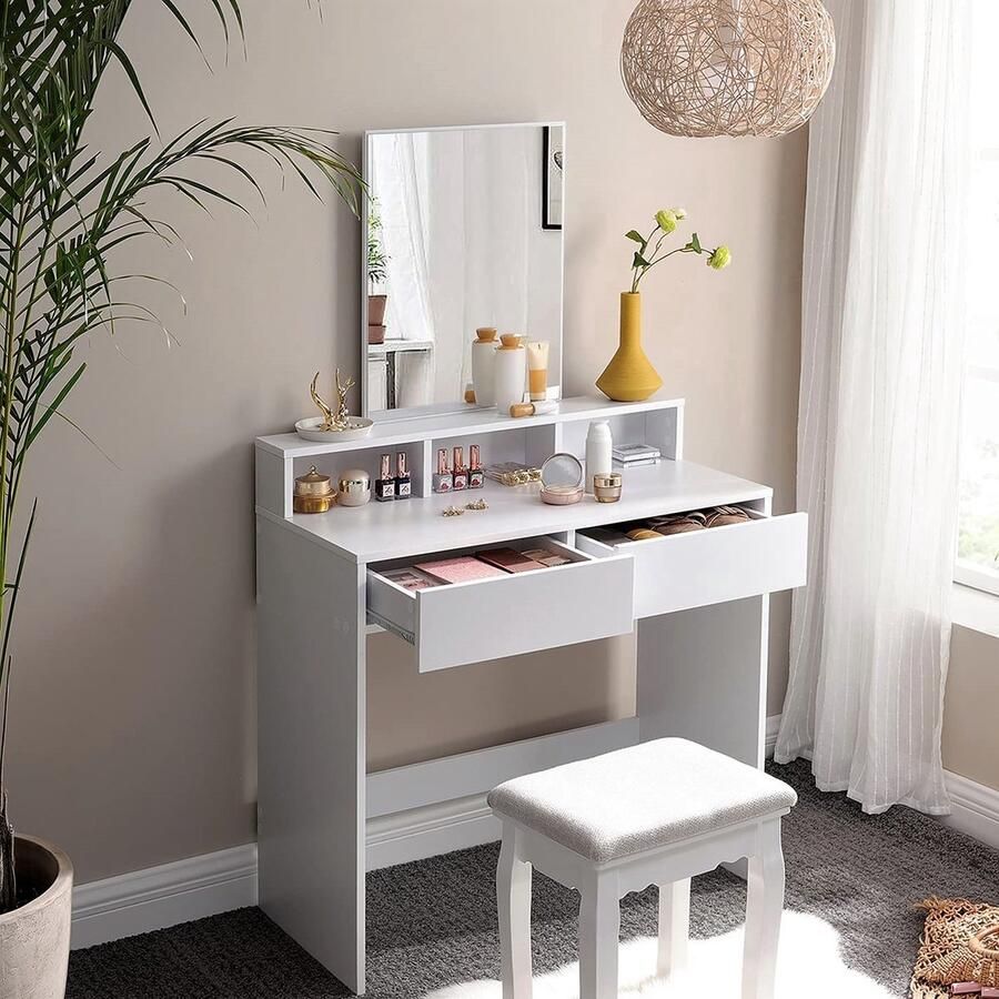 Merkloos Casabella Kaptafel met rechthoekige spiegel en 2 lades cosmetische tafel met 3 open vakken kaptafel voor make-up modern wit