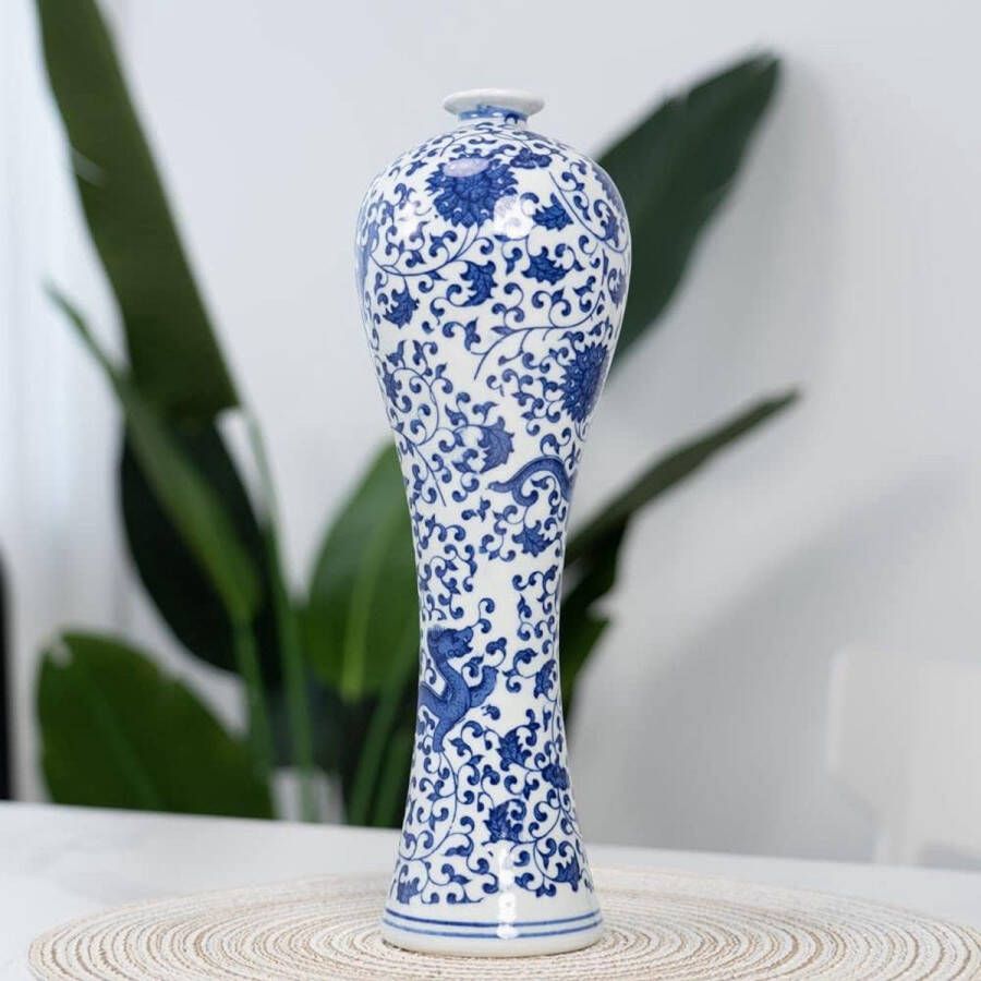 merkloos China Keramische vaas blauw en wit porselein Chinese handgemaakte decoratieve bloemenvaas voor woonkamer woondecoratie kantoor tafel middelpunt (33cm)