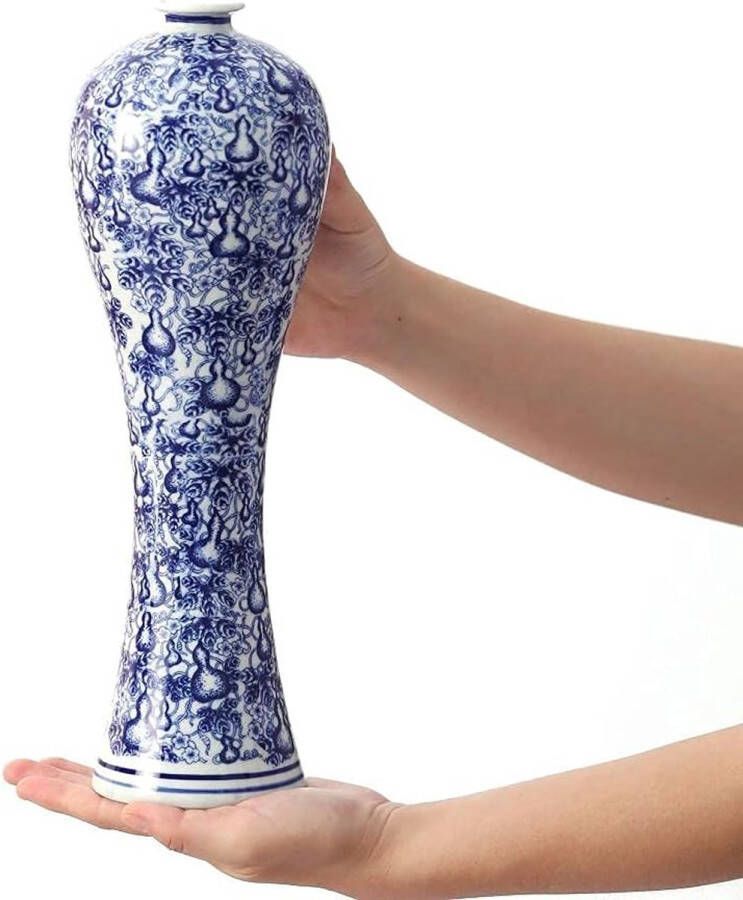 merkloos China Keramische vaas blauw en wit porselein Chinese handgemaakte decoratieve bloemenvaas voor woonkamer woondecoratie kantoor tafel middelpunt (33cm)