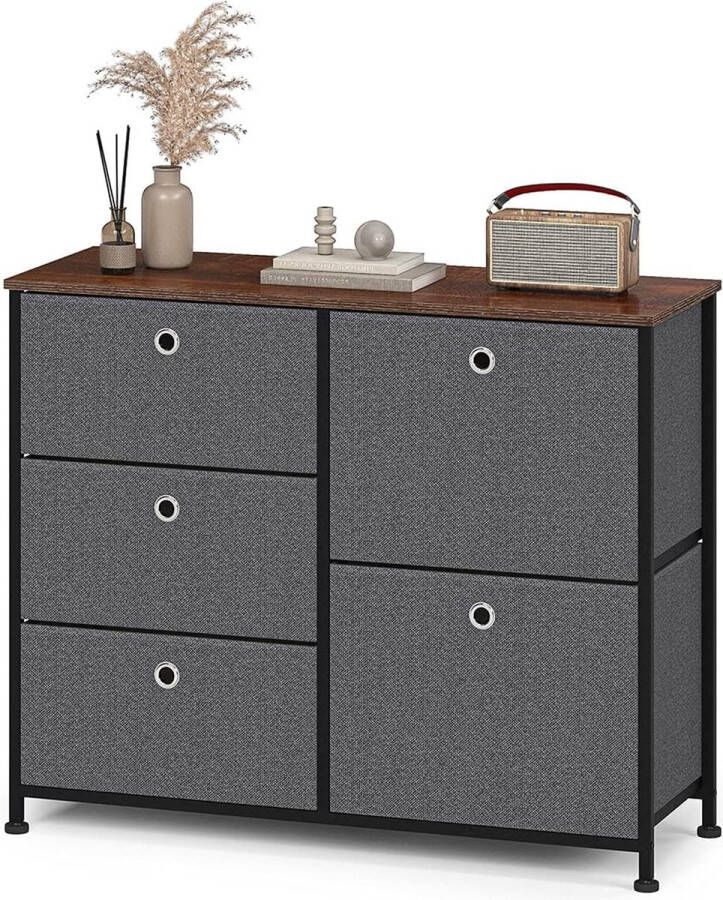 Merkloos Commode box met 5 lades van stof dressoir TV box metalen opbergsysteem praktische organizer bijzettafel voor woonkamer slaapkamer hal keuken kantoor staal hout wit & beige