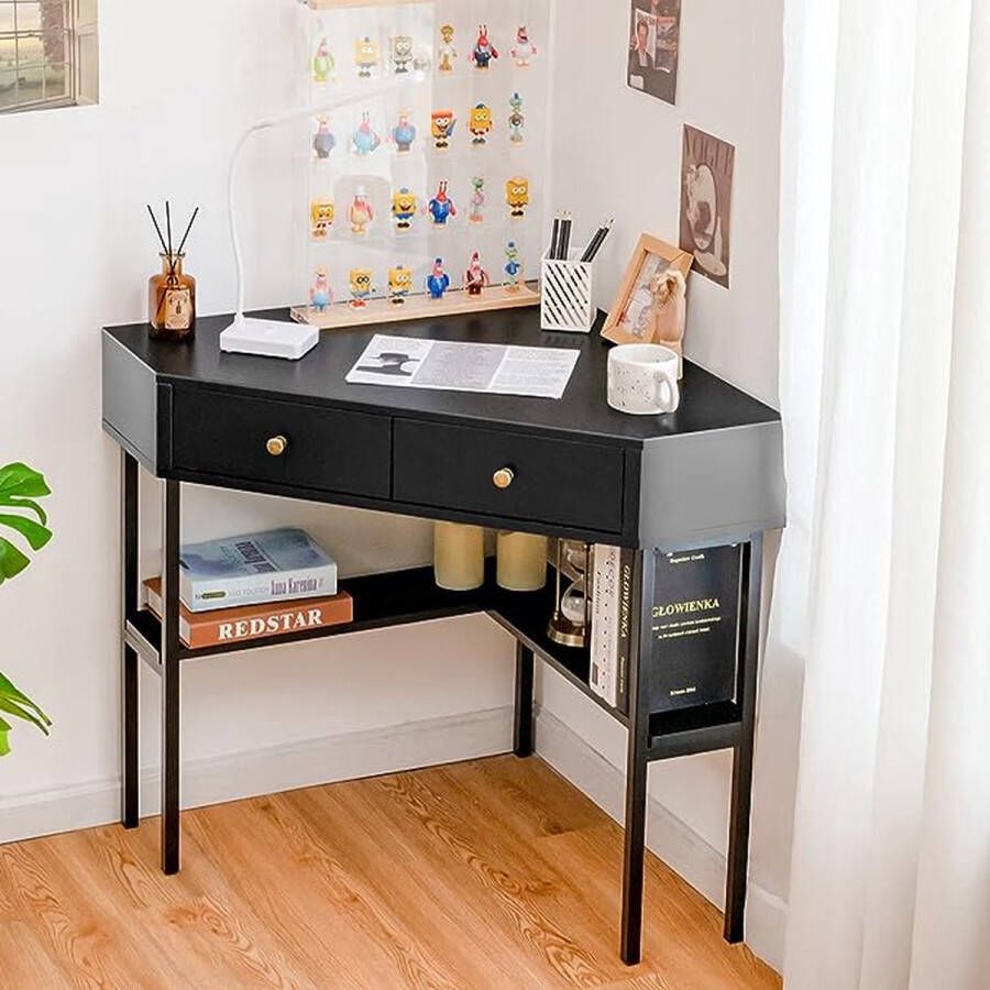 Merkloos computertafel hoekbureau met 2 grote lades bureautafel voor kleine kamers hoektafel bureau werktafel (zwart)