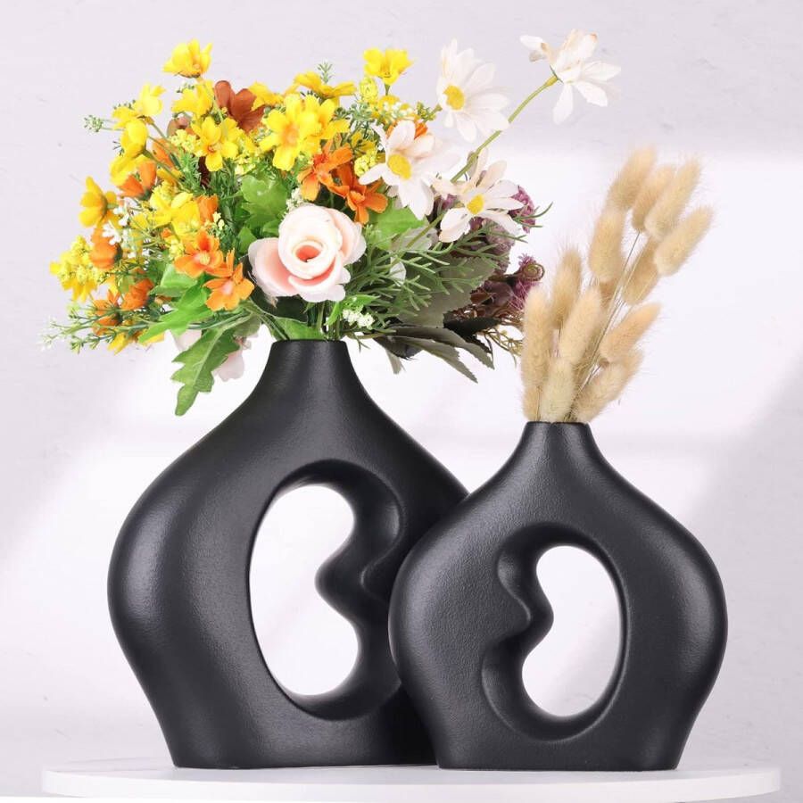 Merkloos Donut Ceramic Vases Set of 2 Scandinavian Style Circle Black Vases for Home Decor Ideal for Pampas Grass Perfect as Dining Table Centerpiece Entrance Decor or Mantle Decor