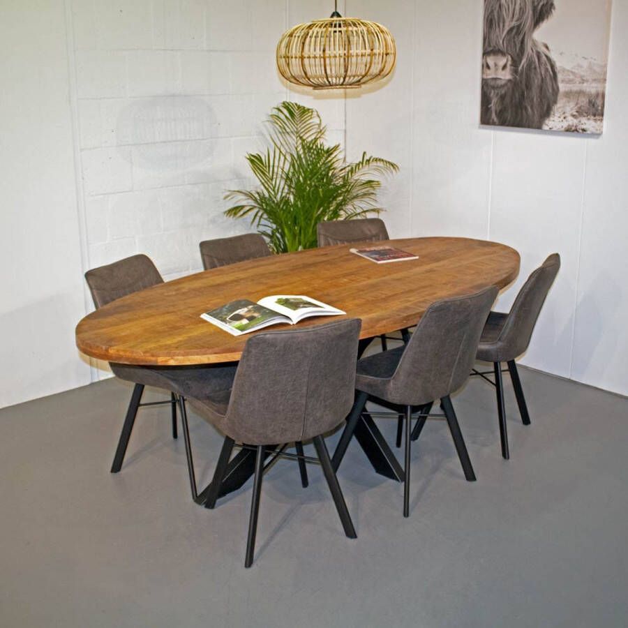 Merkloos SALE! Eettafel Tafel Mango Ovaal 180x90 cm 6 cm blad dikte Spinpoot 5x10 Groot Naturel met lak afgewerkt