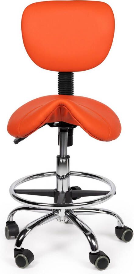 Merkloos Ergonomische zadelkruk laag model in de kleur oranje met voetenring (40 cm doorsnede) en rugleuning