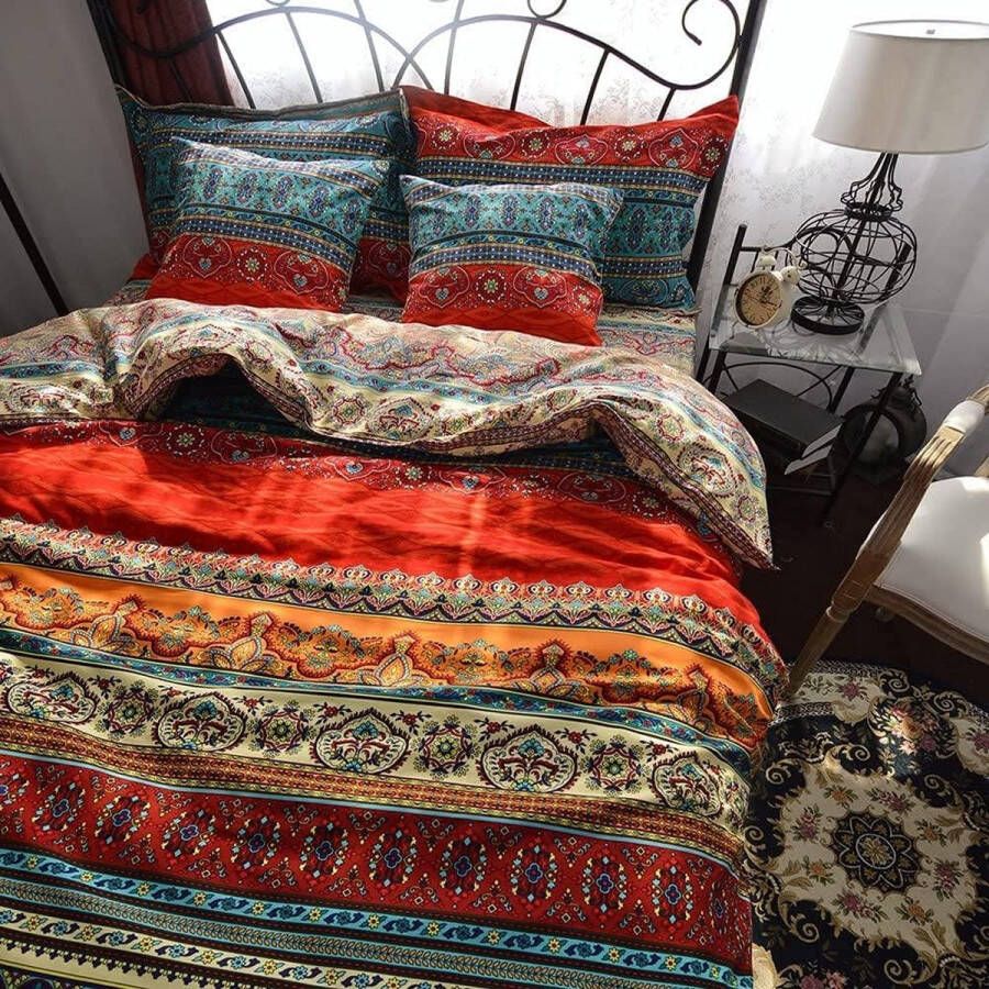 Merkloos Flanellen beddengoed 220 x 240 cm kleurrijke beddengoedset met laken boho tweepersoonsbed dekbedovertrek van 100% katoen met ritssluiting exotische Boheemse stijl zacht en warm - Foto 3