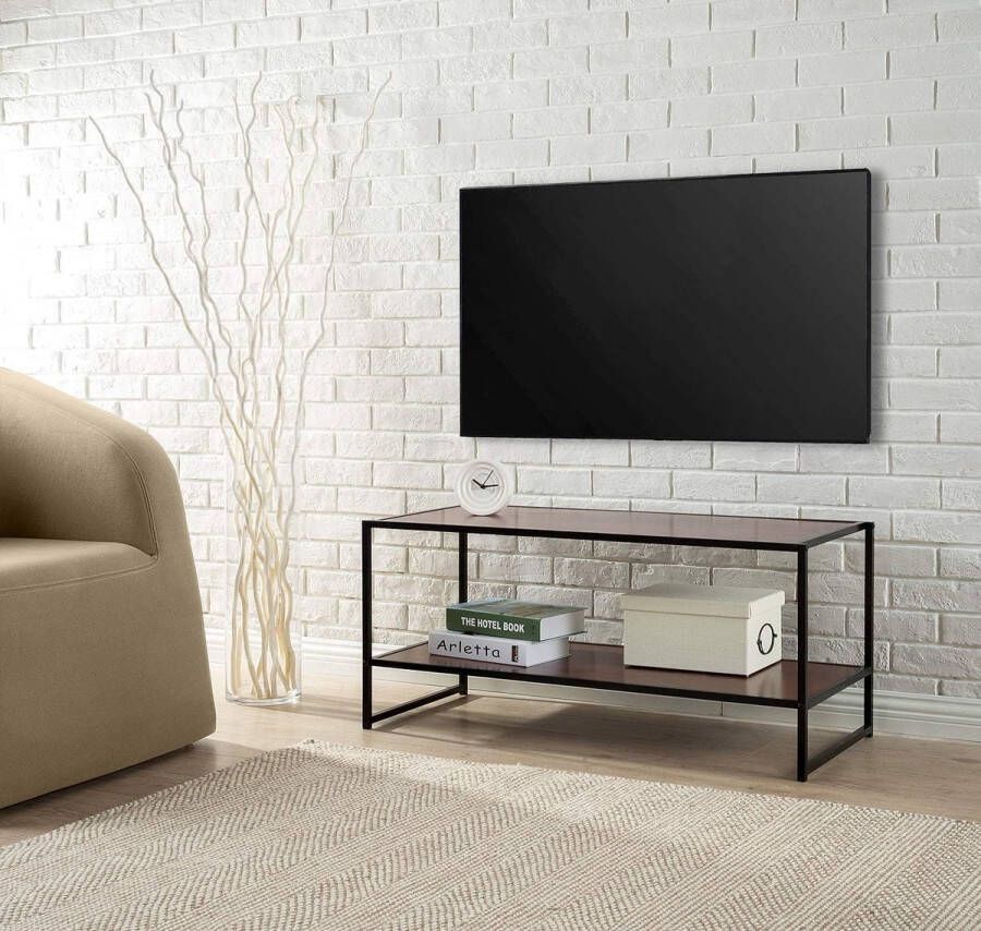 Merkloos Garrison 102 cm breed mediameubel met zwart metalen frame TV-meubel met plank Eenvoudige montage rode mahoniehouten korrel