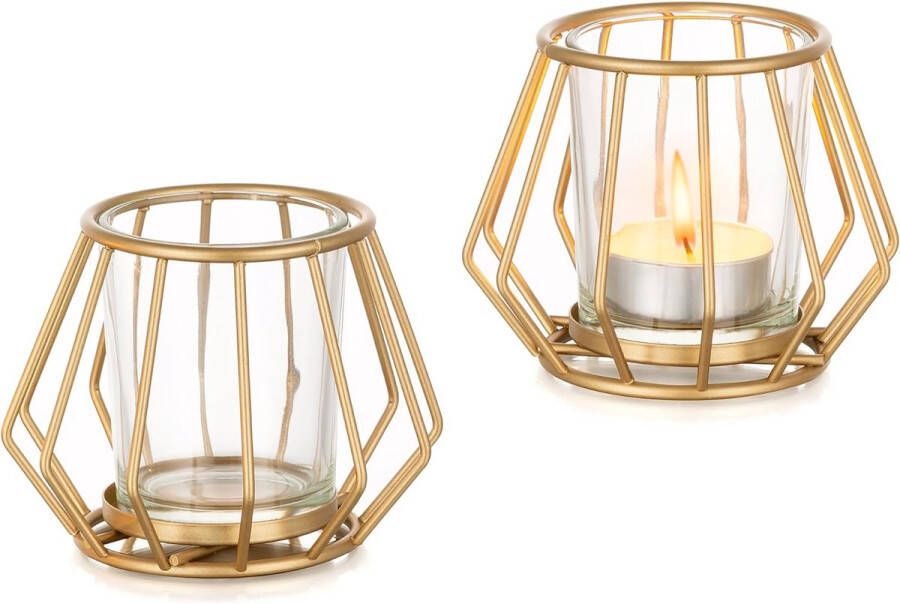 Merkloos Geometrische theelichtkaarsenhouder metaal goud set van 2 theelichthouders stompkaars theelichtjes decoratie voor woonkamer tafeldecoratie verjaardag vintage huis eettafel moderne