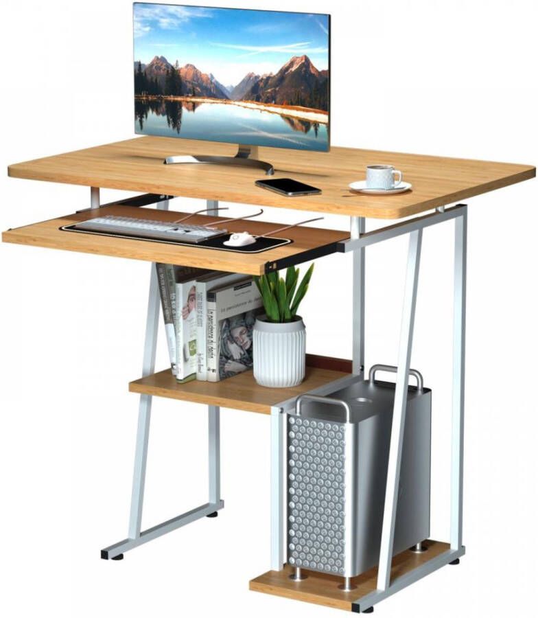 Merkloos GoodGear Laptoptafel Met Uitschuiflade Voor Toetsenbord & Muis Inclusief Opslagplanken Met PC Basis Houten Model