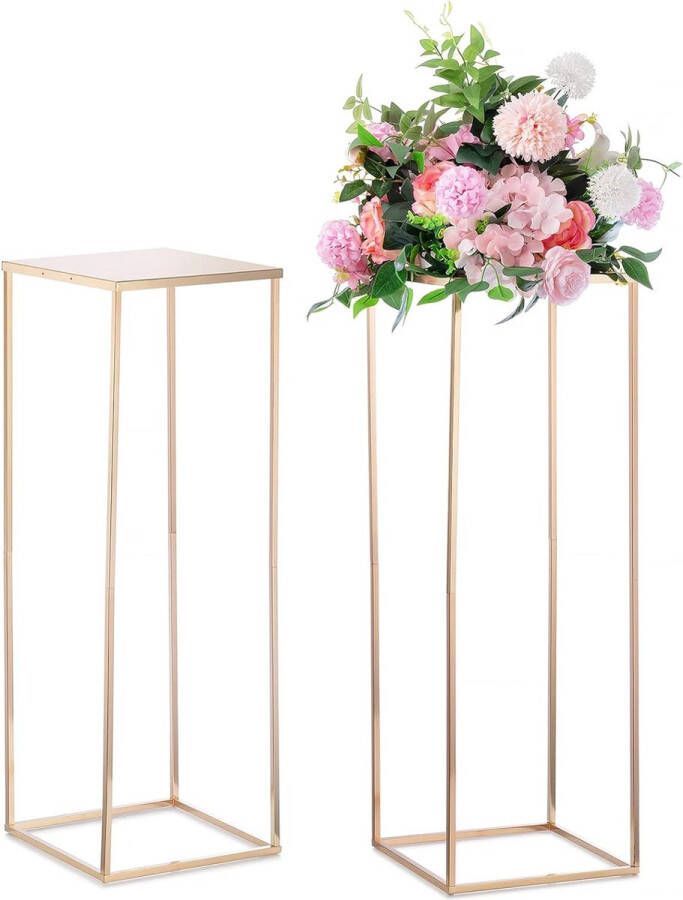 Merkloos Gouden vaas voor bruiloftstafeldecoraties 2 stuks 80 cm hoge metalen bloemenvazen ​​Bloemen staand voor feesttafeldecoraties Bruiloftstafeldecoraties Tafel Geometrische zuil Displaystandaard