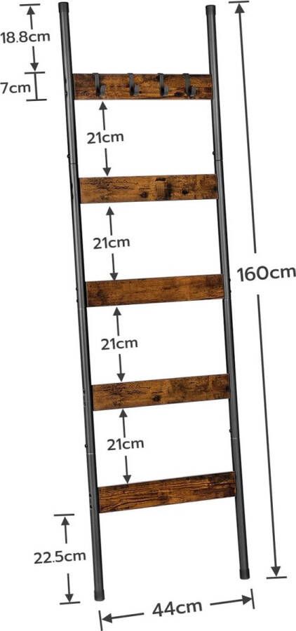 Merkloos Handdoekhouder op voet ladder met 5 niveaus met 4 haken plafondhouder wandrek met opbergruimte presentatiestandaard rustiek bruin en zwart