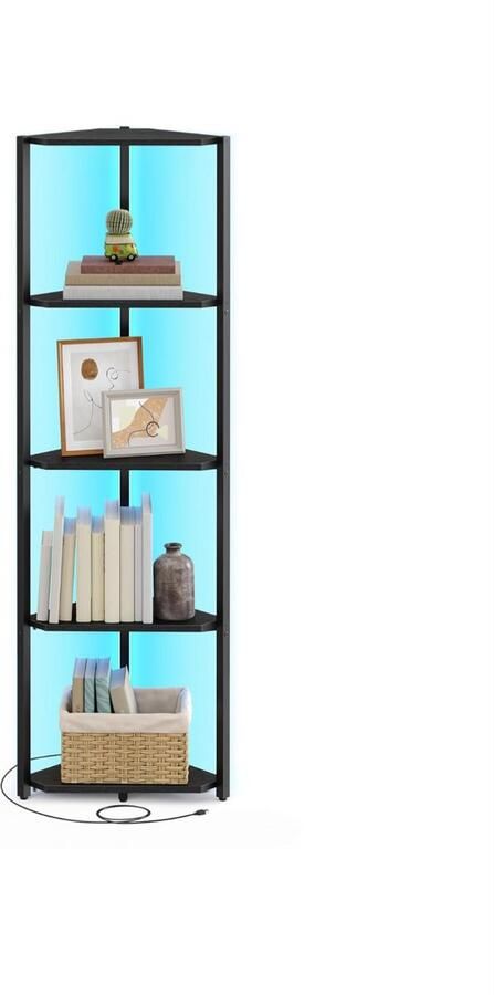 Merkloos Hoekplank met 5 niveaus boekenkast met verstelbare LED-verlichting plank met stalen frame 24 8 x 48 x 146 6 cm voor woonkamer slaapkamer studeerkamer ebbenhoutzwart