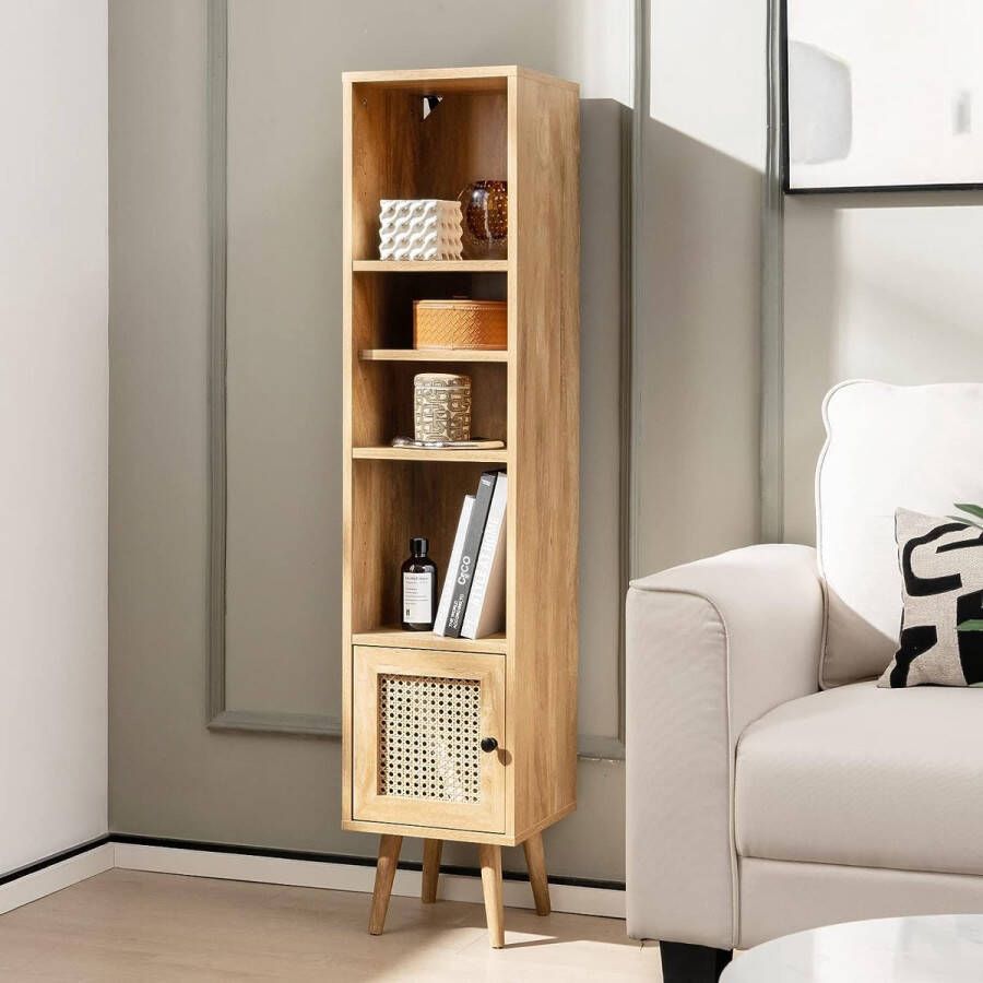 merkloos Hoge kast rotan boekenkast met 4 planken en rotan deur ladekast boho-stijl 29 5 x 29 5 x 137 cm