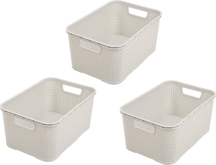 Merkloos Home essential set van 3 plastic rotan manden crème maat S (7 liter)