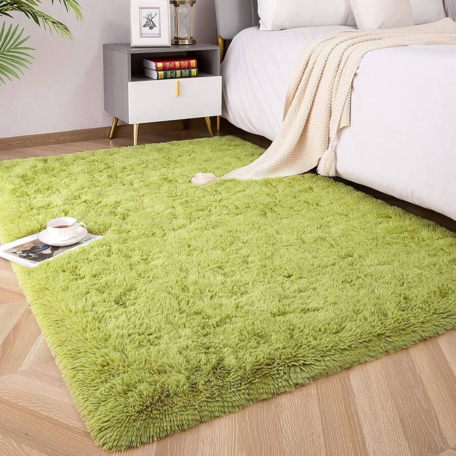 Merkloos Hoogpolig tapijt super zacht langharig wollig tapijt voor een comfortabele plek in de woonkamer en slaapkamer fluffy vloerkleed voor kinderen (groen 200 x 300 cm)