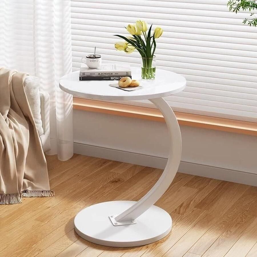 Merkloos Houten bijzettafel met C-vormige steun bijzettafel voor woonkamer kantoor ronde salontafel walnoot tafelblad diameter 40 cm hoogte 60cm wit
