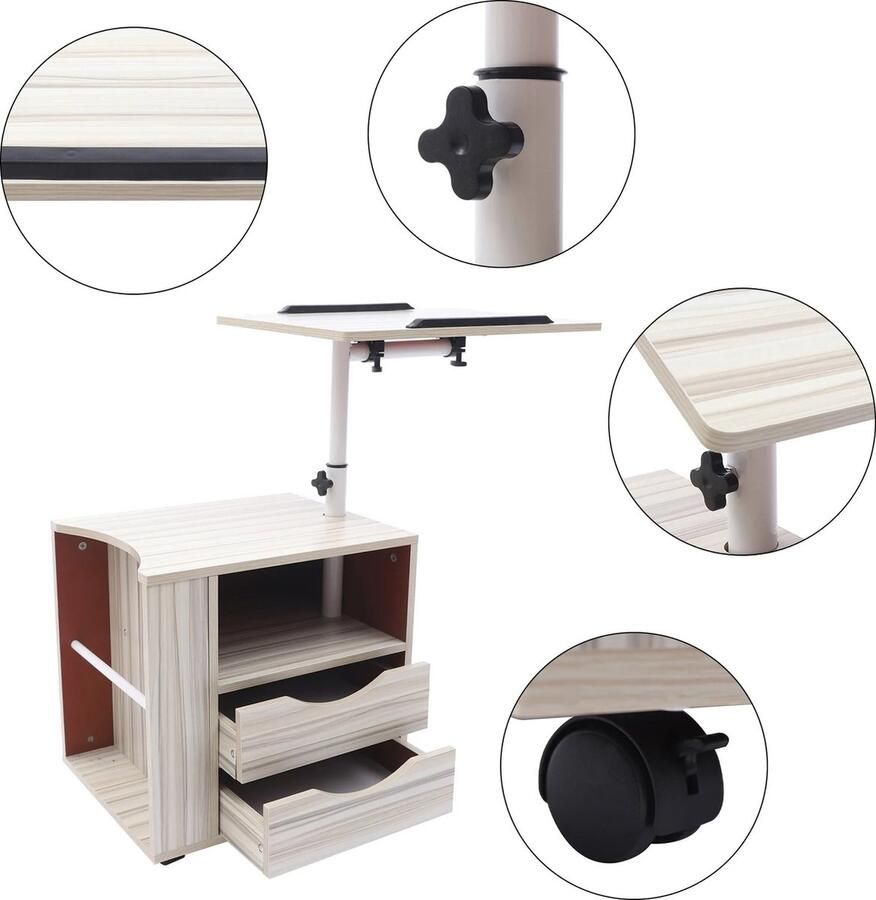 'merkloos'' J&R Nachtkastje Bijzettafel Kantoor kastje Printer kastje 2 Lade Draaibaar Nachtkastje Met Wielen Laptoptafel Draaibaar plateau Wielen