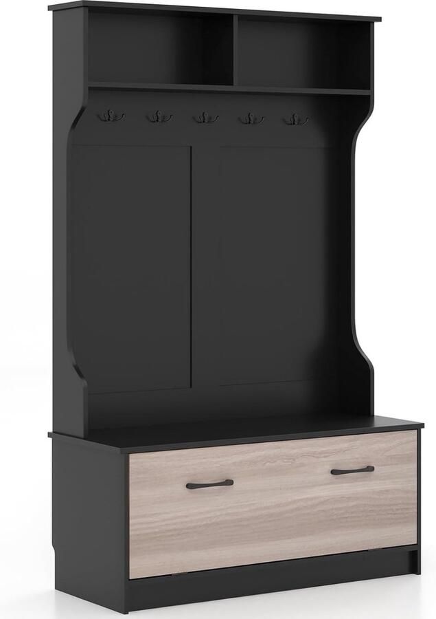 'merkloos'' Kapstok met bank en 5 dubbele haken kledingkast met open vakken en schoenenkast gangkast voor entree slaapkamer 100 x 40 x 160 cm (zwart)