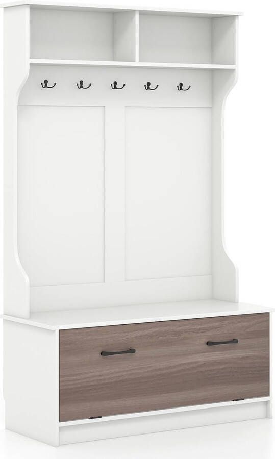 merkloos Kapstok met zitbank & 5 dubbele haken garderobe met open vakken & schoenenbank halgarderobe voor entree slaapkamer 100 x 40 x 160 cm (wit)