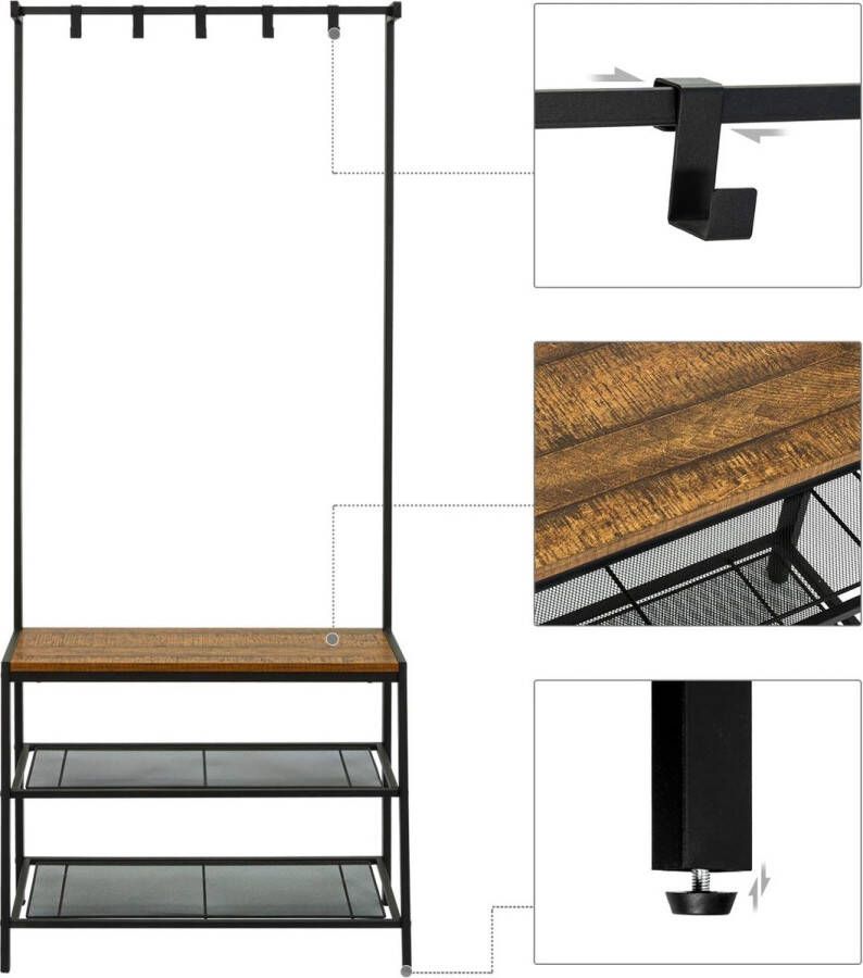 Merkloos Kapstok Stand multifunctionele kledingkapstok met afneembare 5 haken 3-laags schoenbank industriële hal opslag voor entree woonkamer slaapkamer gang zwart