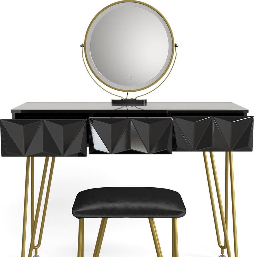 Merkloos Kaptafel. MAKE-UPTAFEL set met kruk Ruby Zwart hoogglans 100 cm met LED-spiegel en krukje