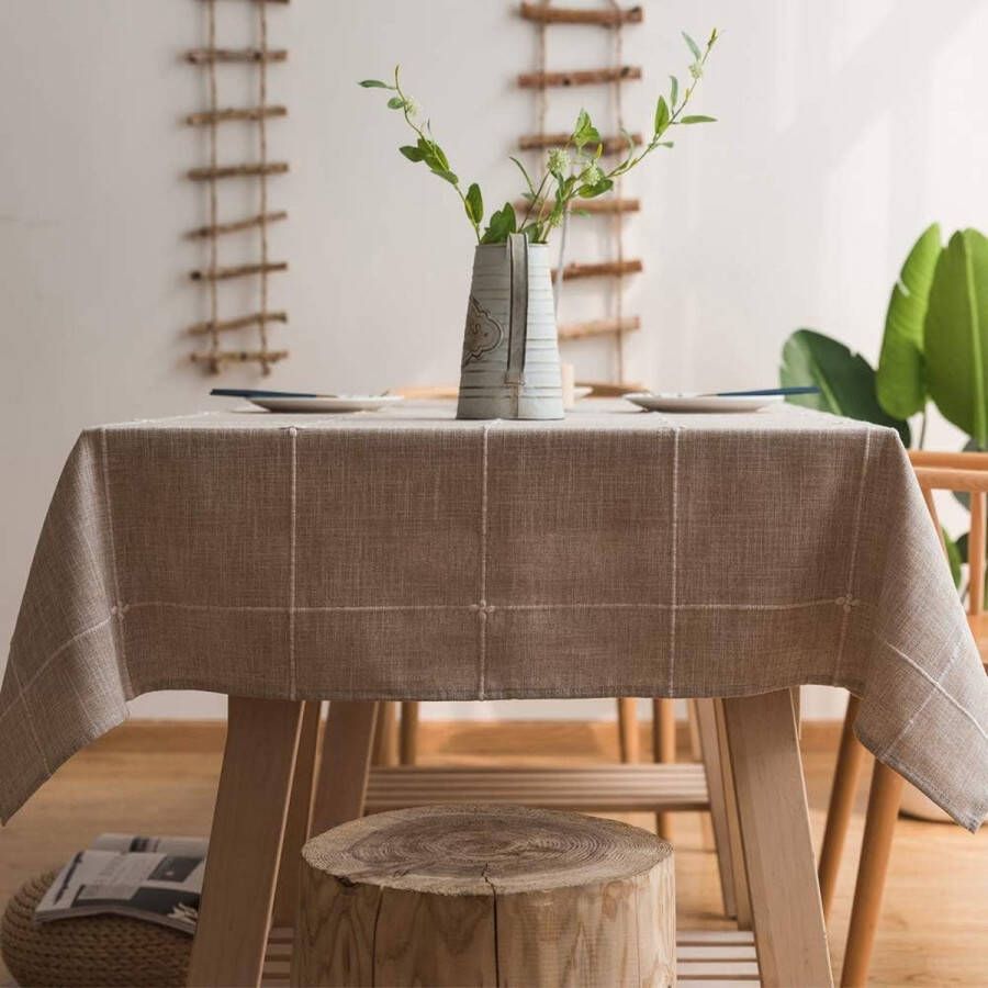 Merkloos Katoenen linnen tafelkleed voor rechthoekige tafels solide mesh borduurwerk tafelbedekking voor keuken eettafel decoratie (135x220 cm kaki)