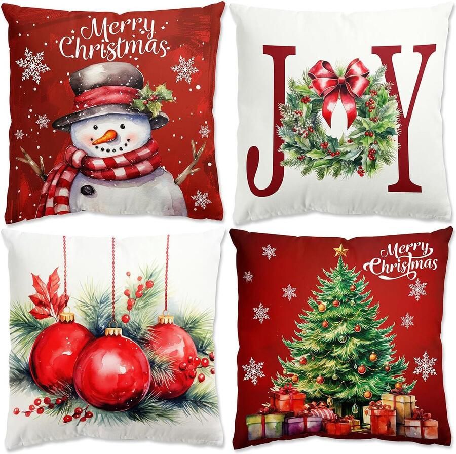 'merkloos' Kerst Kussenslopen – Set van 4 – Rode Vintage Kussenslopen 45 x 45 cm voor Bank en Slaapkamer Decoratie