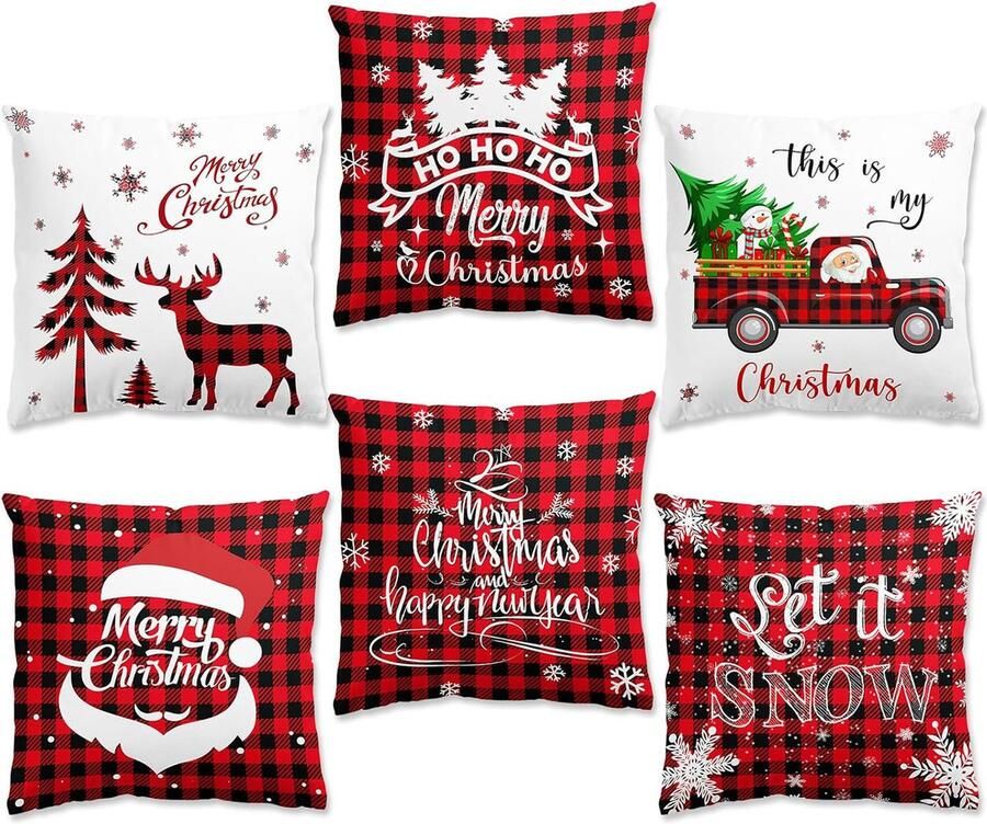 'merkloos' Kerst Kussenslopen – Set van 6 – 45 x 45 cm – Zwart Tartan voor Bank en Kamer Decoratie