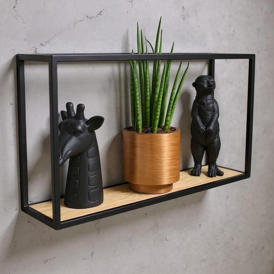 'merkloos'' keukenrek wandrek industrieel rechthoek 42cm breed x 24cm hoog x 12cm diep Wandrek zwart met hout wandplank Soto rechthoekig Wandschappen design metaal