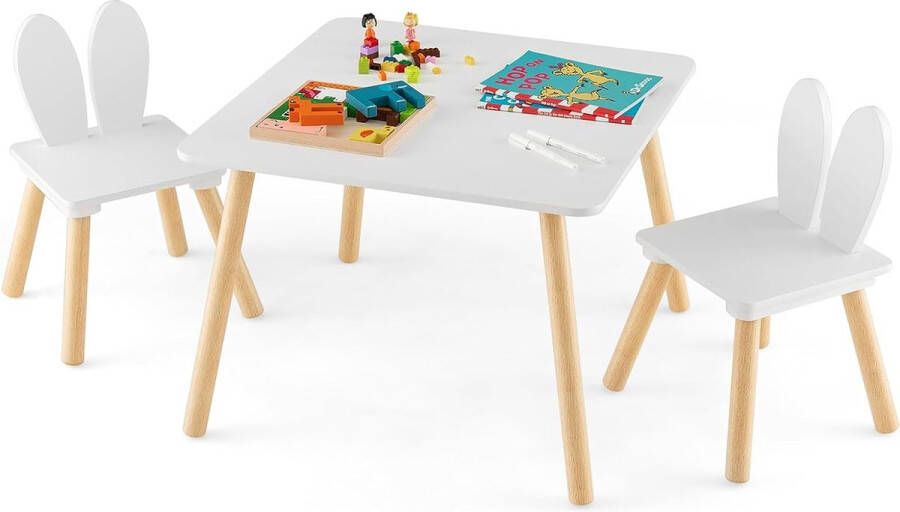 Merkloos kindertafel met 2 stoelen 3-delige kinderzitjesset met massief houten poten en konijnenoren rugleuning vierkante speeltafel kindermeubels voor kinderen van 3-6 jaar wit Bezoek de COSTWAY-winkel