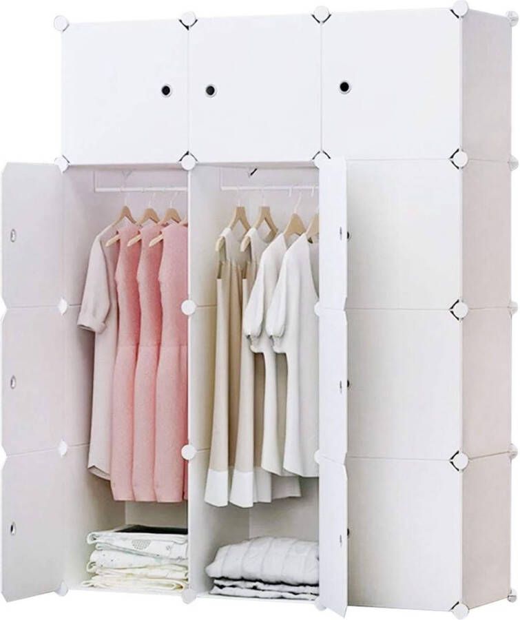 Merkloos Kledingkast gemaakt van 12 kubussen modulaire kledingkast inhaaksysteem met planken kunststof kledingkast met deuren en 2 hangers extra stickers inbegrepen
