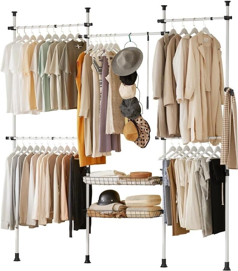 'merkloos'' Kledingrek Klerenrailsysteem Opbergsysteem Telescopisch Kledingrek met 5 Kledingstangen en 2 Manden Telescopisch Kapstoksysteem Verstelbaar Legbord B (209-305) x H (200-270) cm Wit