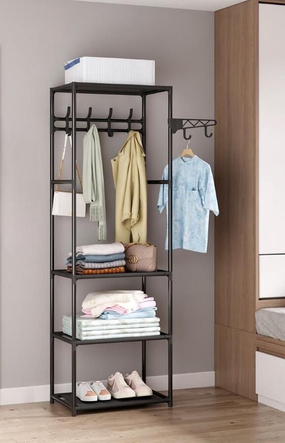 Merkloos Kledingrek met 3 legplankjes 55 x 36 x 170 cm- Metaal Garderoberek Ophanghaken- Zwart