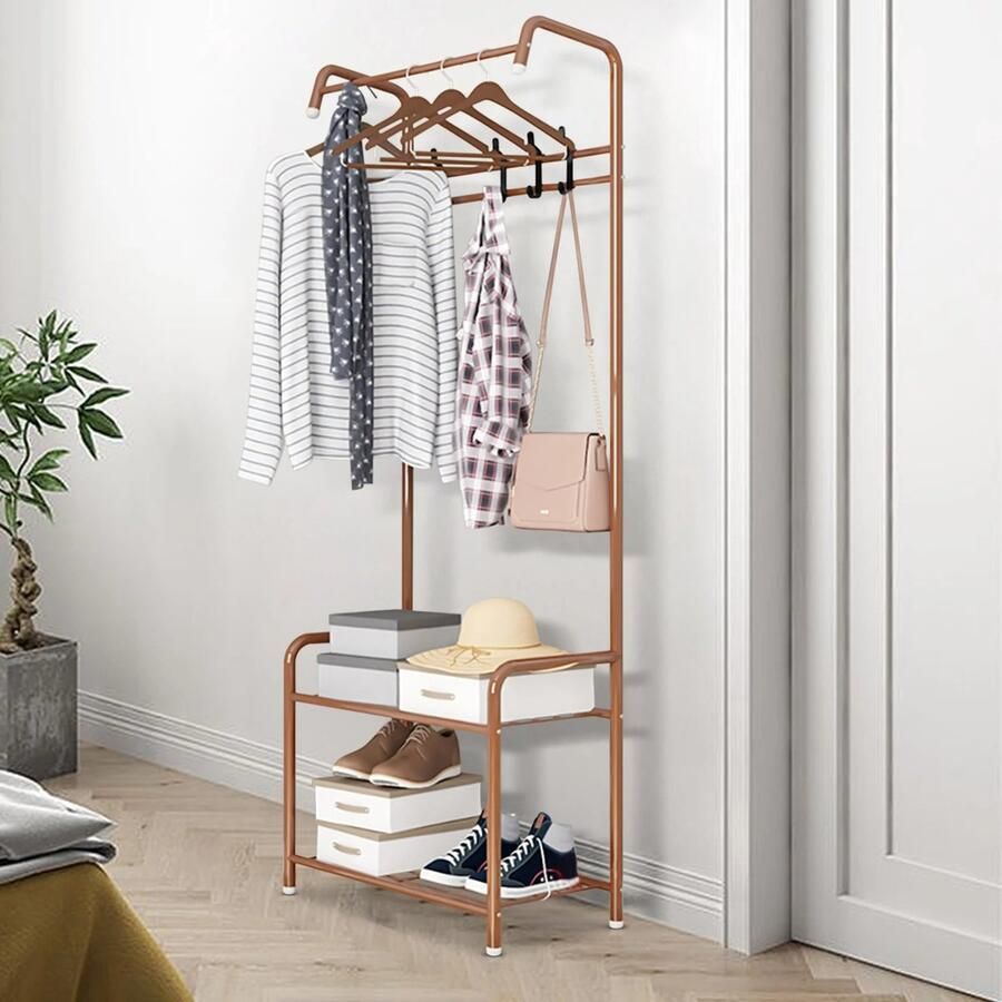 Bloomingoods Bloominggoods Kledingrek Metaal Kapstok Schoenenrek Bruin 165x30x57cm Vrijstaand Garderobe Rek
