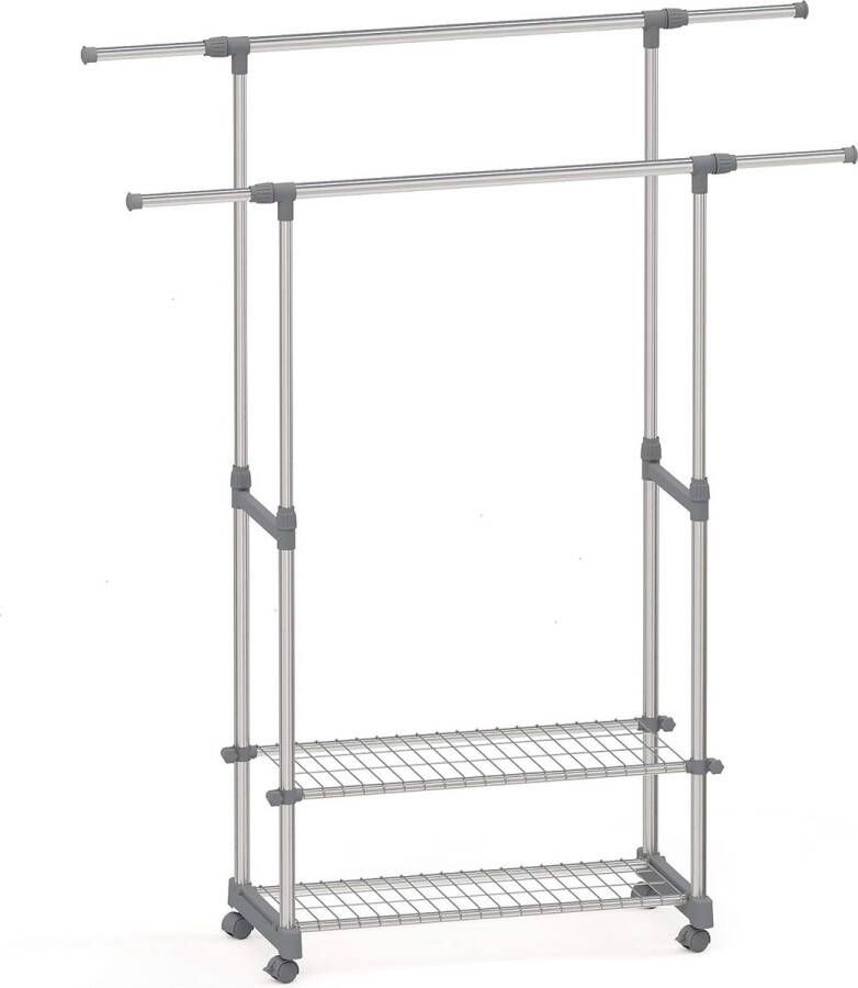 Merkloos Kledingrek op wieltjes met planken uittrekbaar in hoogte verstelbaar dubbele roestvrijstalen kledingstang grijs stabiel belastbaar garderobestandaard kledingwagen 90-153 x 42 x 95-170 cm (b x d x h)