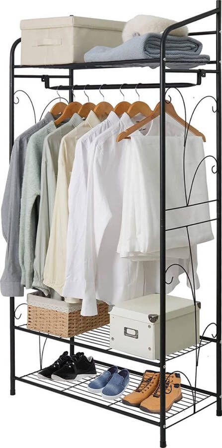 Merkloos Kledingrek van metaal multifunctionele kledingbox met 1 kledingroede en 3 planken garderobe-inventaris voor berging kledingkamer 79 x 36 x 161 cm