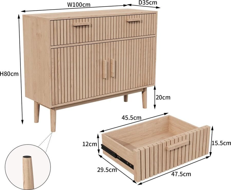 Merkloos Koopiez Dressoir 100X35X80Cm-Houtkleur Opbergkast WoonkamerKast 2 Deuren 2 Lades Lademeubilair